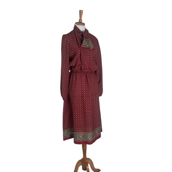 Vintage 1970s Jones Burgundy Tie Neck Secretary Midi Dress M - Picture 4 of 9